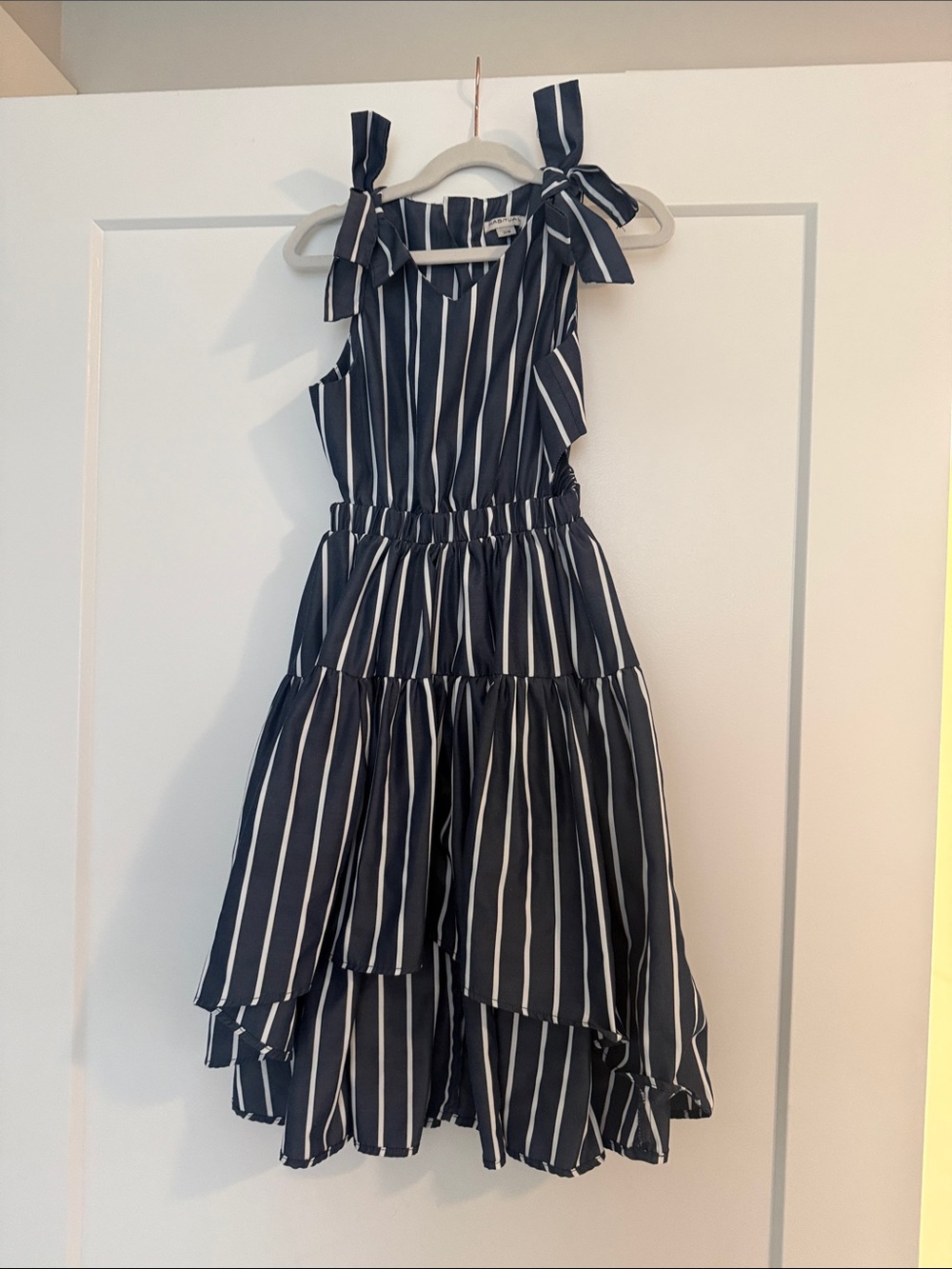 HABITUAL Navy & White Striped Dress- high/low hem and bows on either shoulder